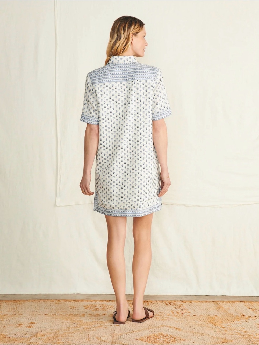 $168 Faherty Rae Linen Blend Dress Blue White Lotus Floral Medium - Picture 2 of 8